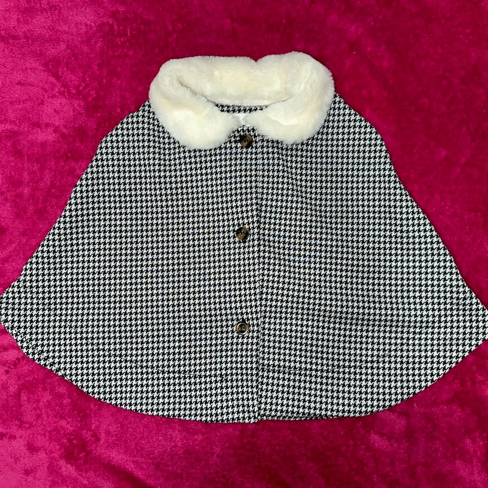 Kids Houndstooth Cape with Faux Fur Collar